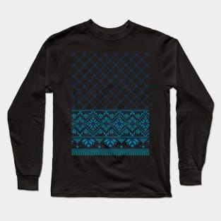 Palestinian Arabic Kufiya Keffiyeh or also called Hatta Traditional Pattern with Tatreez Embroidery Art Design Blue Long Sleeve T-Shirt